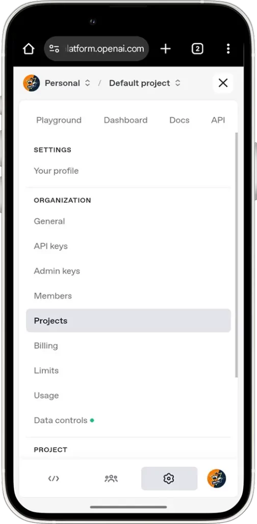 how to get ChatGPT API key: Create a New Project (Organization)