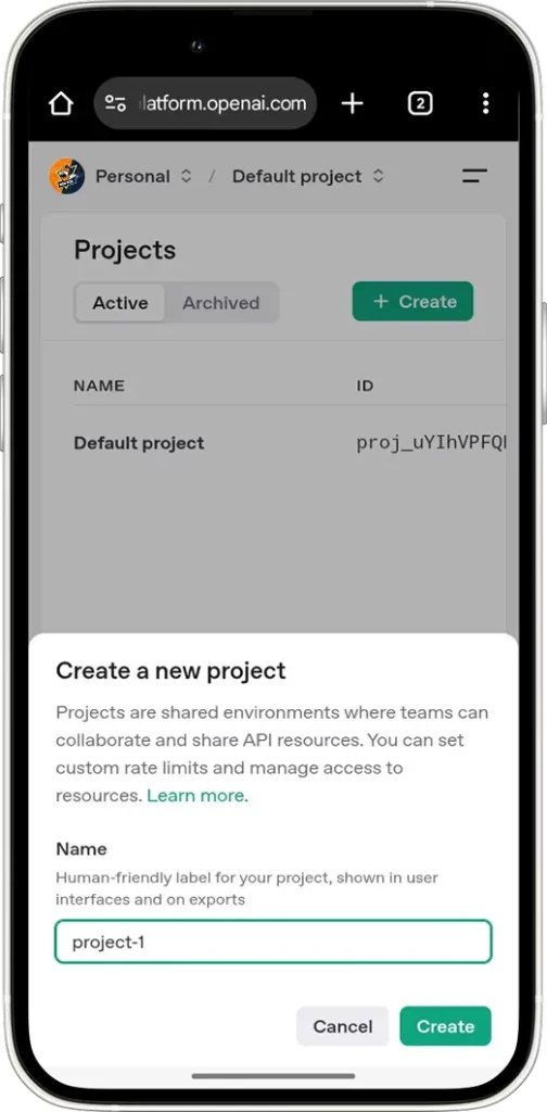 How to get a ChatGPT API key: Step 1 – Create a new project in the OpenAI platform